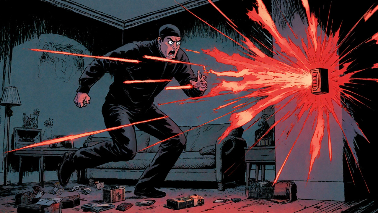A startled intruder in a living room as a loud alarm blares, valuables left behind, dramatic red lighting and motion lines.