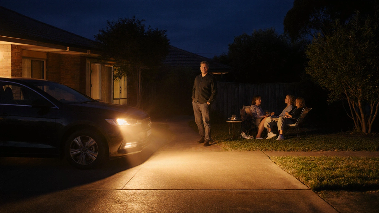 Australian driveway illuminated by amber floodlight, family enjoying bug‑free evening.