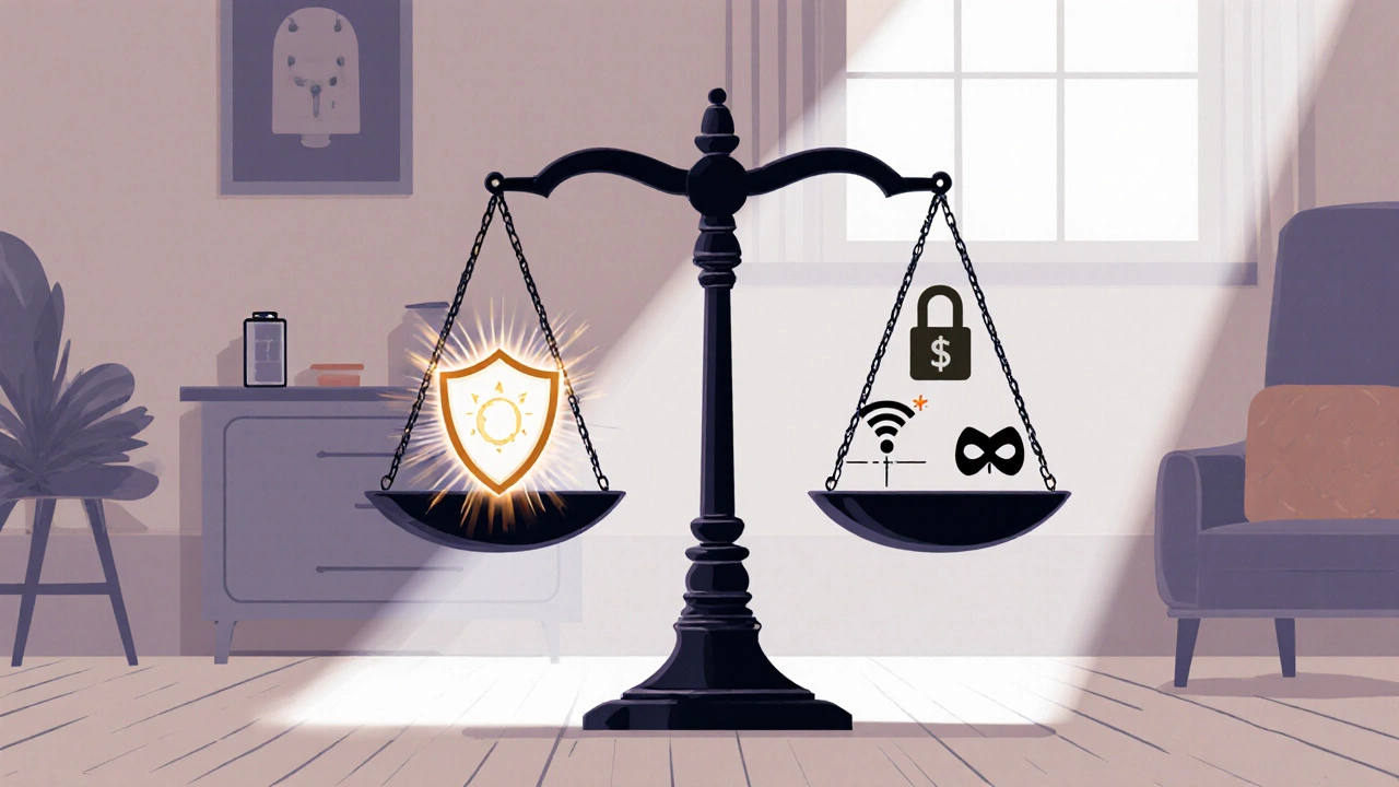 Balance scale showing security shield versus icons for battery, cost, lock, signal, and privacy.