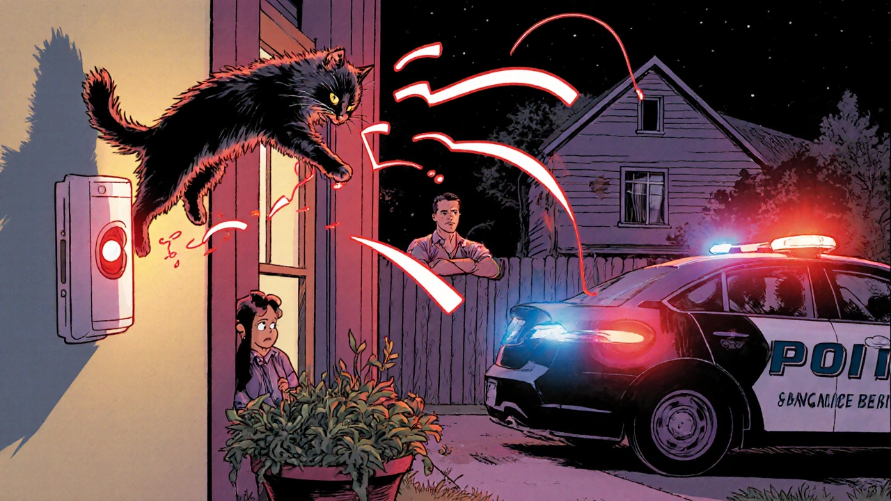 Cat triggers motion sensor, causing red alarms and police car arrival, neighbor annoyed.