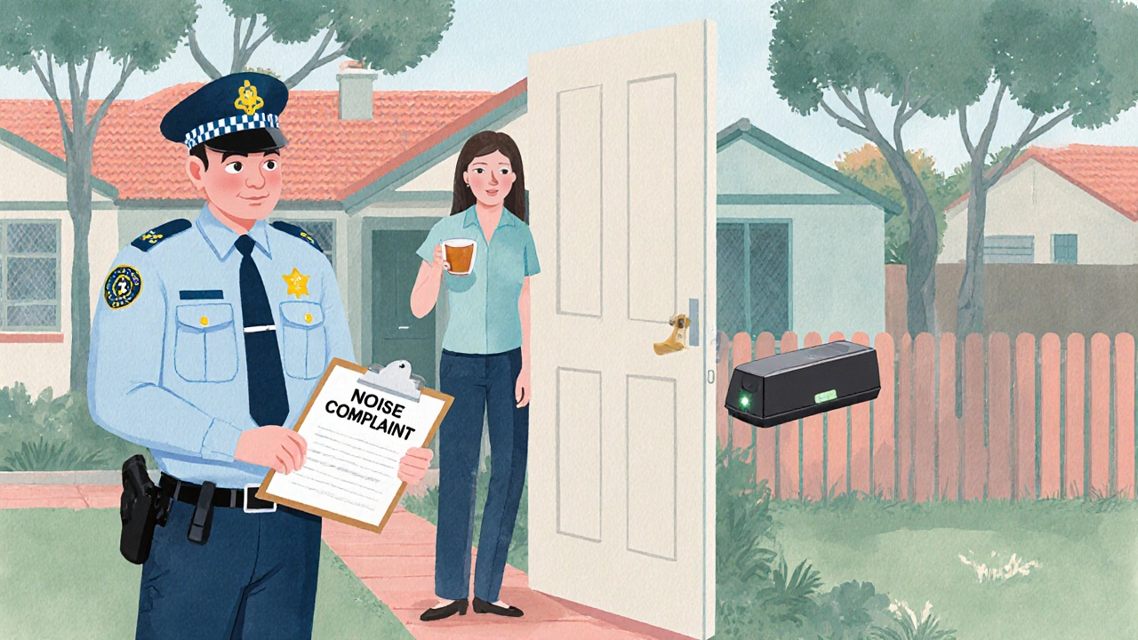 Council officer discusses noise complaint with neighbour, showing a pet alarm device.