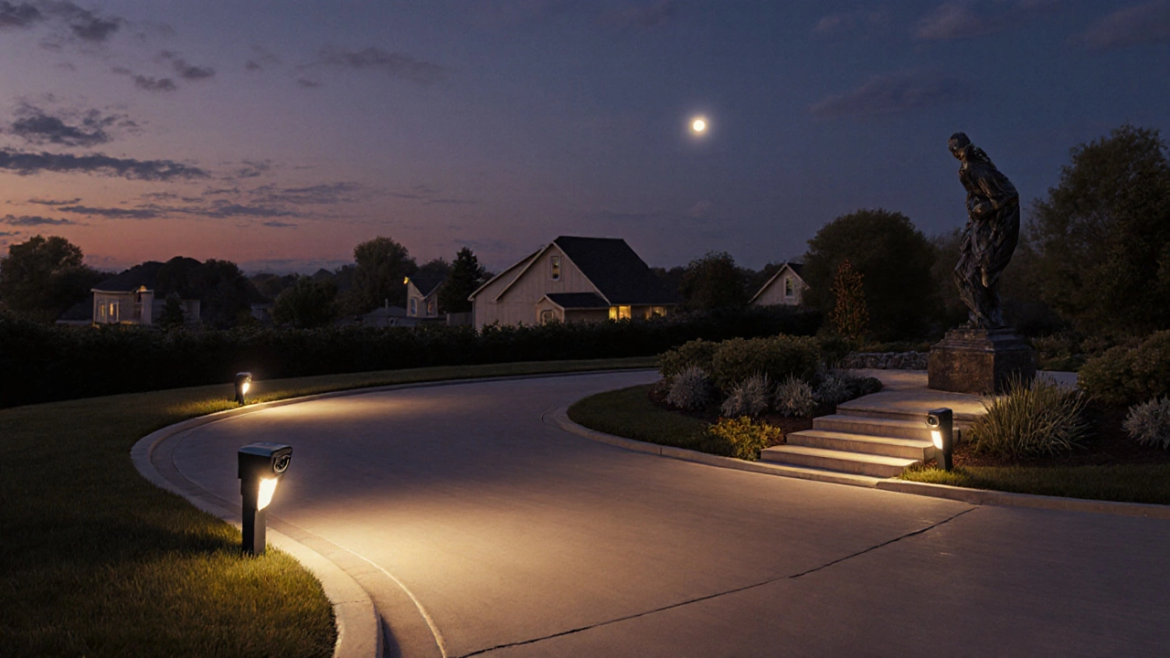 Curved driveway at night using a floodlight plus spotlights to highlight bends and garden features.