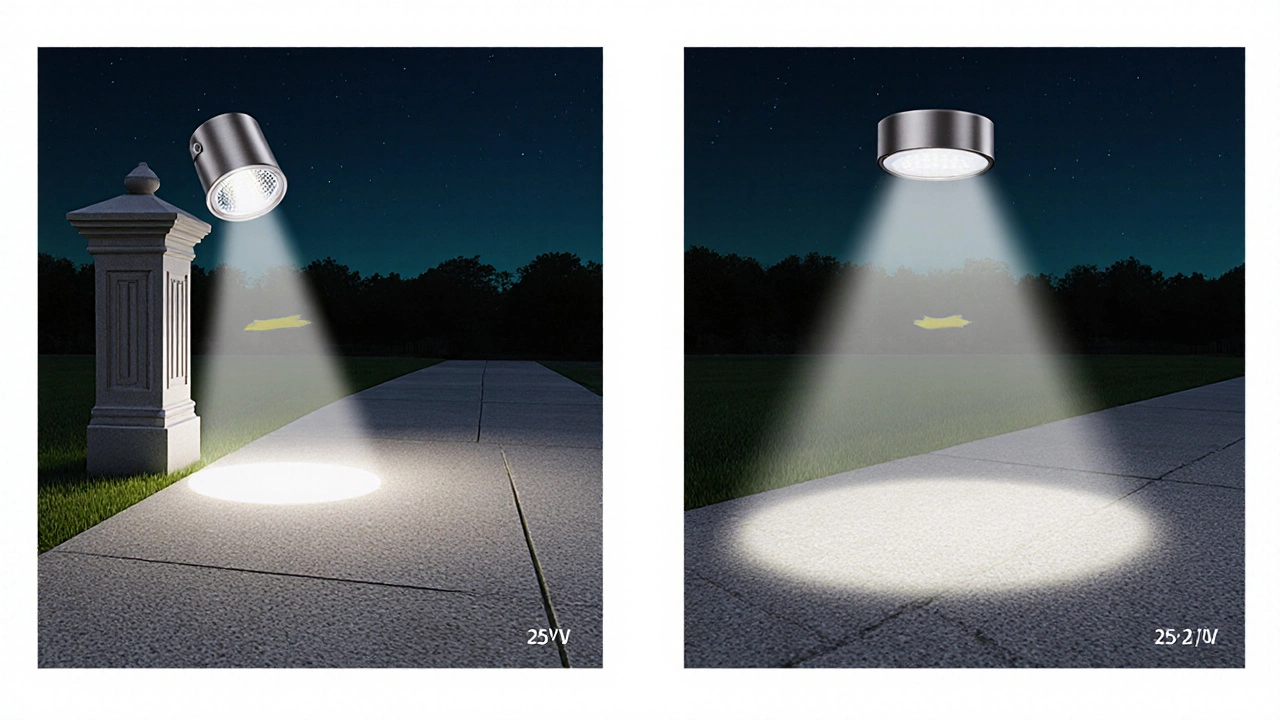 Cut‑away view showing a spotlight and floodlight with their respective light cones on a driveway.