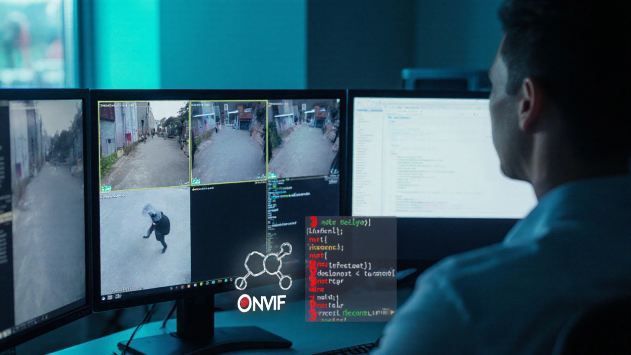 Desk setup with multiple monitor feeds, one delayed, highlighting ONVIF and RTSP links.
