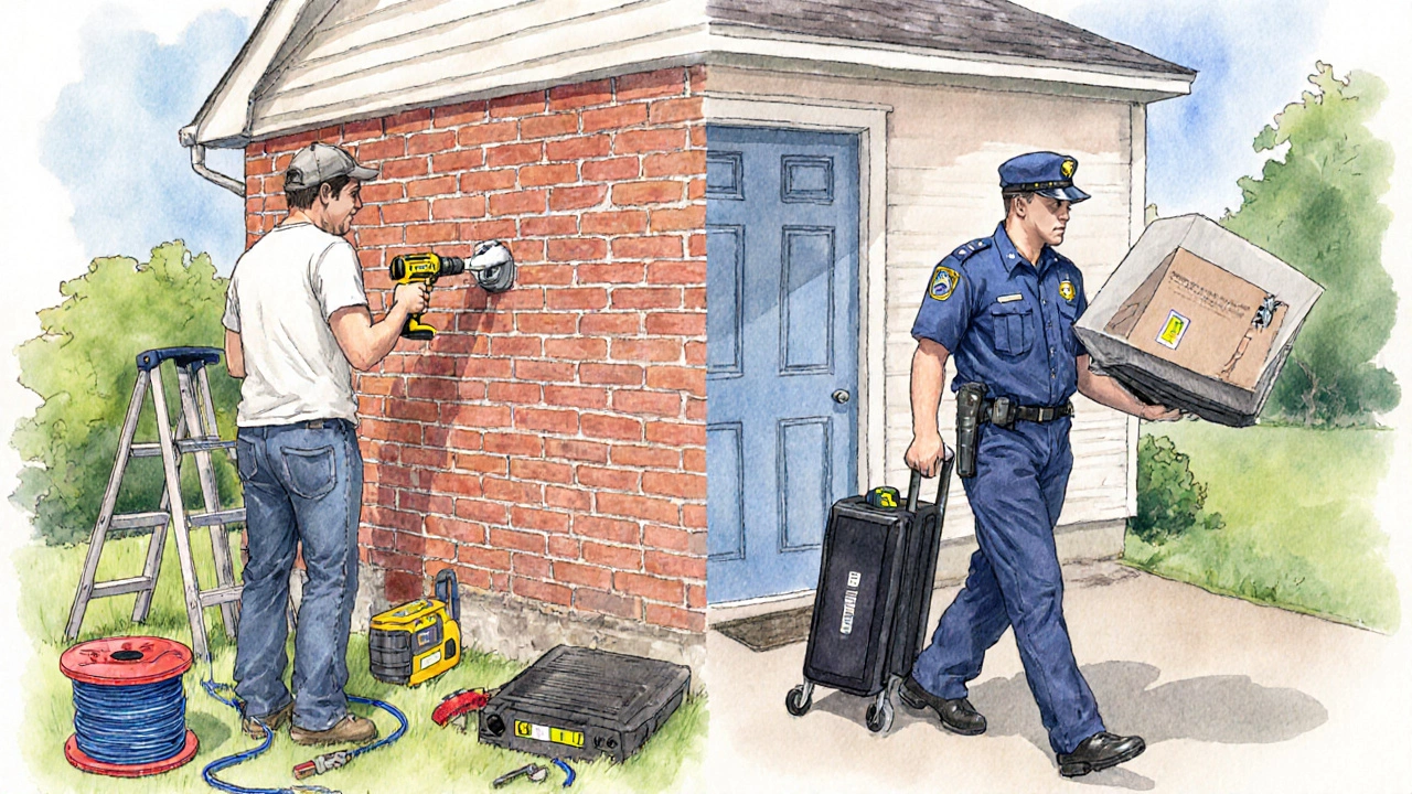 DIY homeowner installing a camera next to a professional installer setting up equipment.