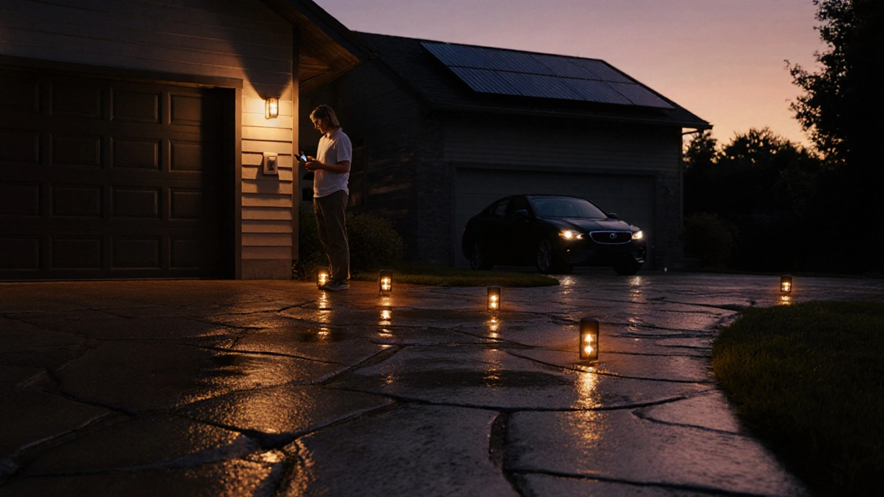 Evening scene with glowing driveway lights, homeowner near smart switch, and solar panel.