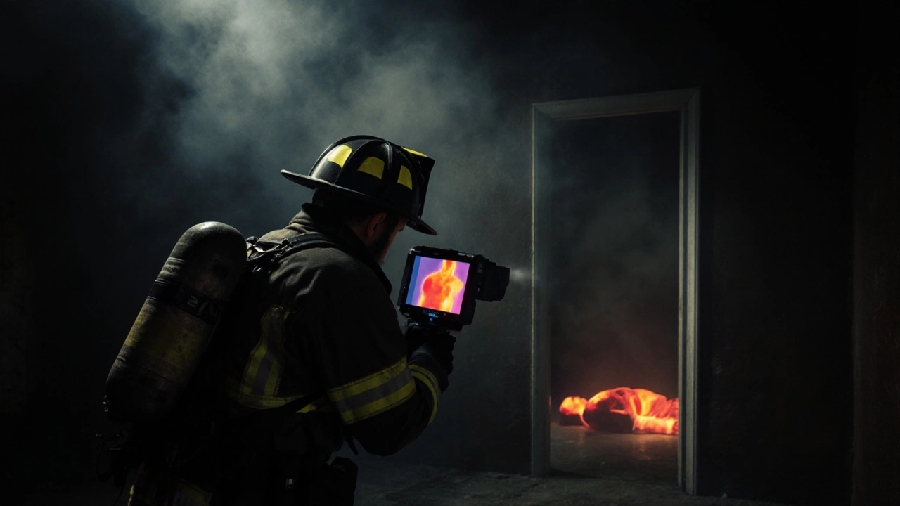 Firefighter using thermal camera to locate a person&#039;s body heat on the floor in smoke.