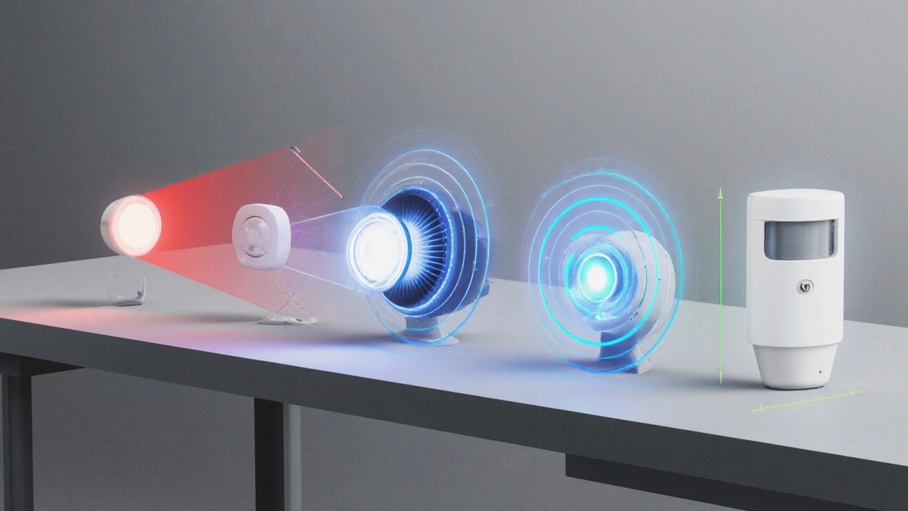 Five different motion sensors on a table, each showing its detection beam in distinct colors.