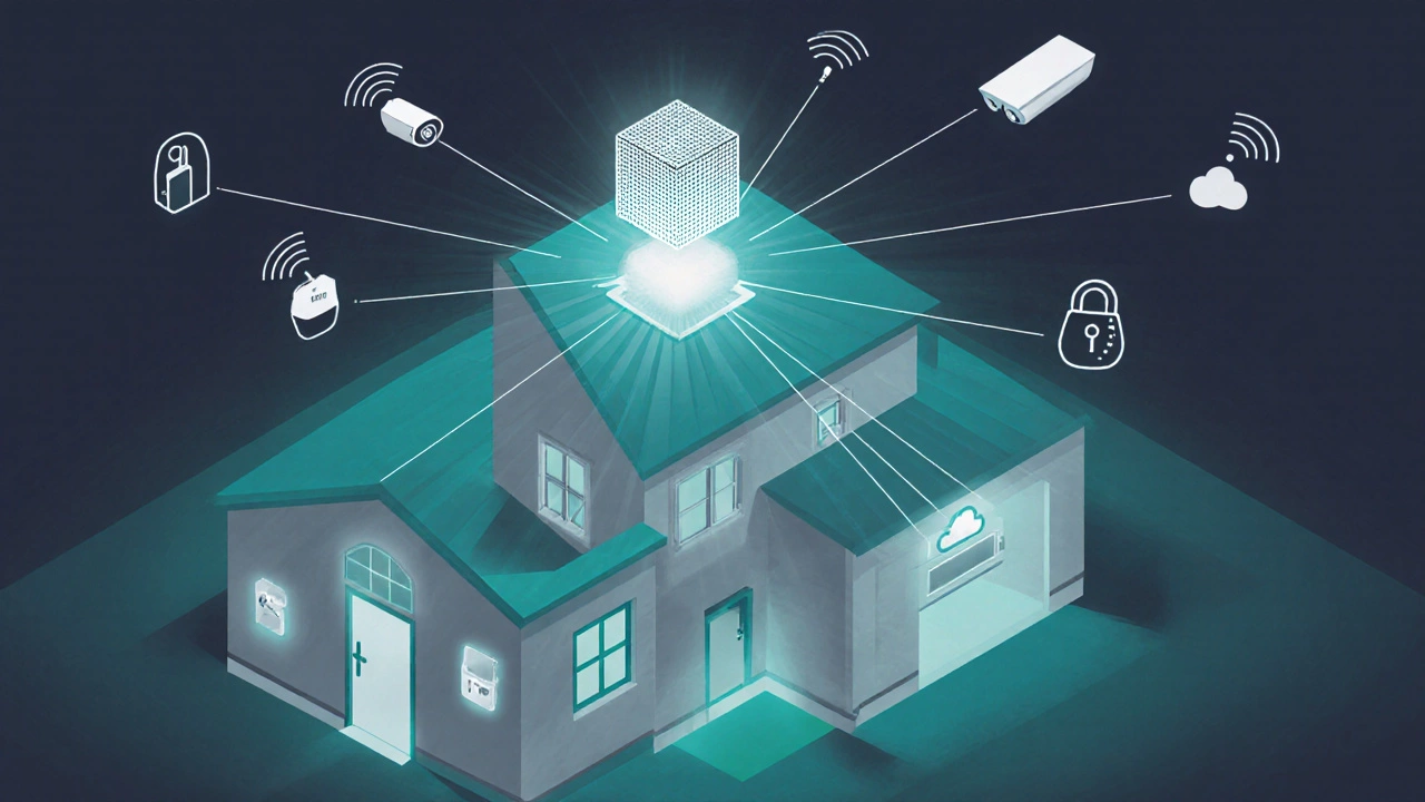 Flat illustration of a house with mesh hub connecting locks, sensors, cameras, and NVR.