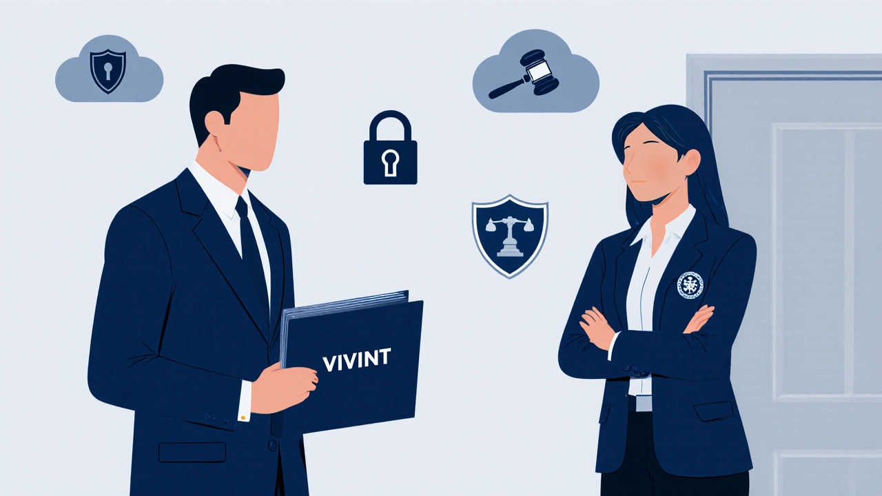 FTC agent confronting a Vivint sales rep with privacy icons in the background.