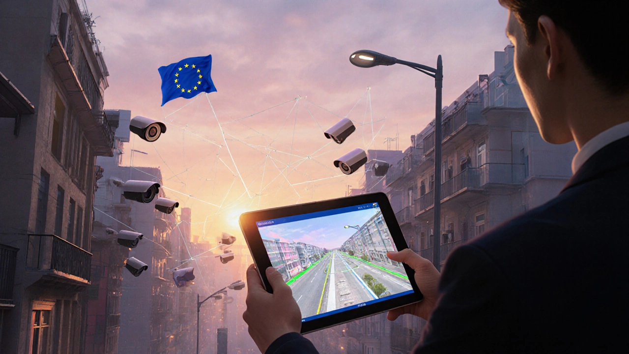 Futuristic city with linked security cameras and a tablet displaying a unified view.