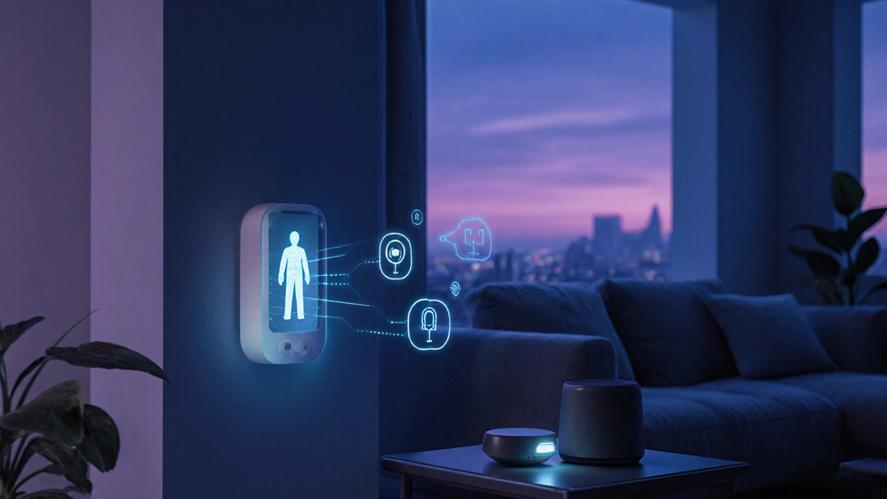 Futuristic living room with an AI motion detector projecting a holographic thermal image of a person.