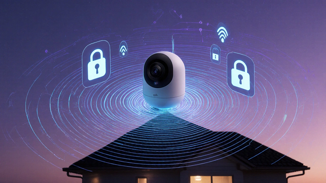 Futuristic monitor above house emitting wave patterns, hinting at Wi‑Fi 6E and security.
