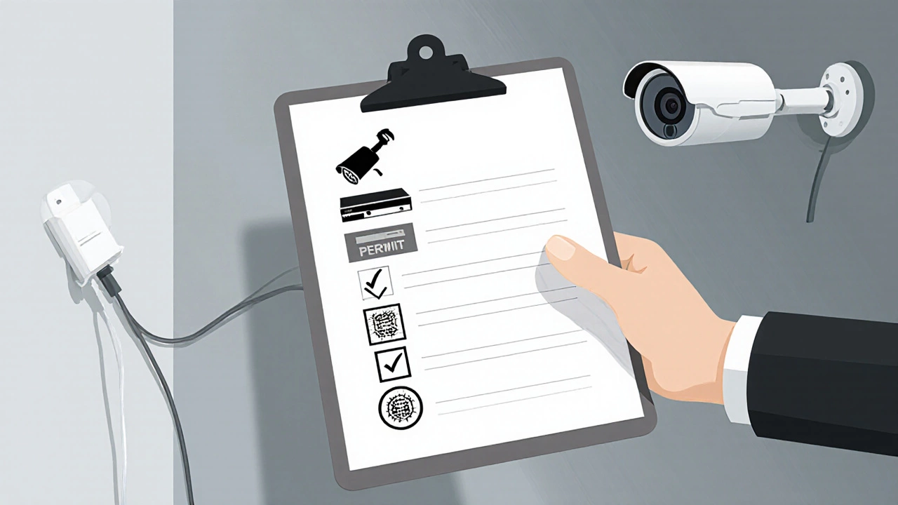 Hand checking off icons for camera, recorder, permit, and tools on a clipboard.