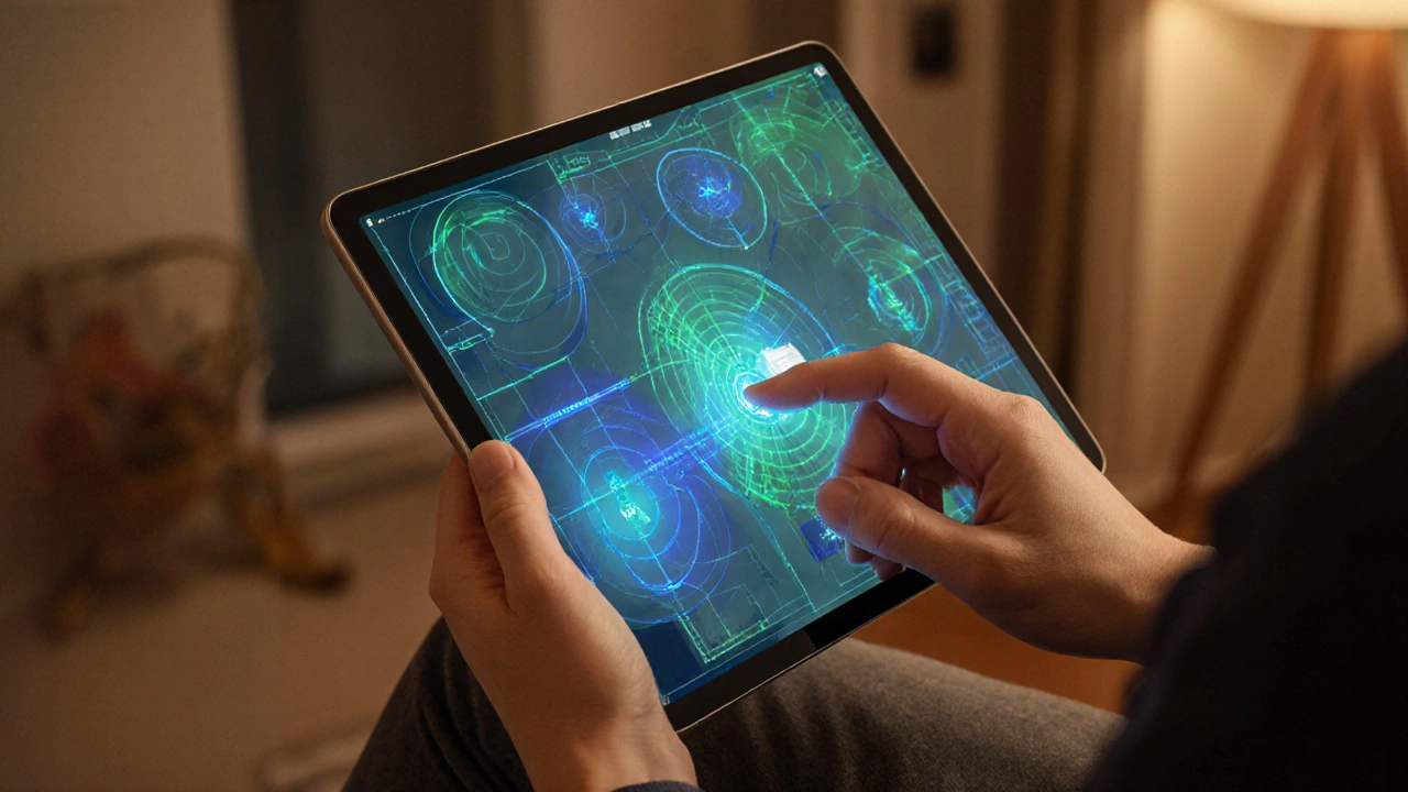 Homeowner adjusting a security app, floor plan shows overlapping sensor zones and AI heat‑map.