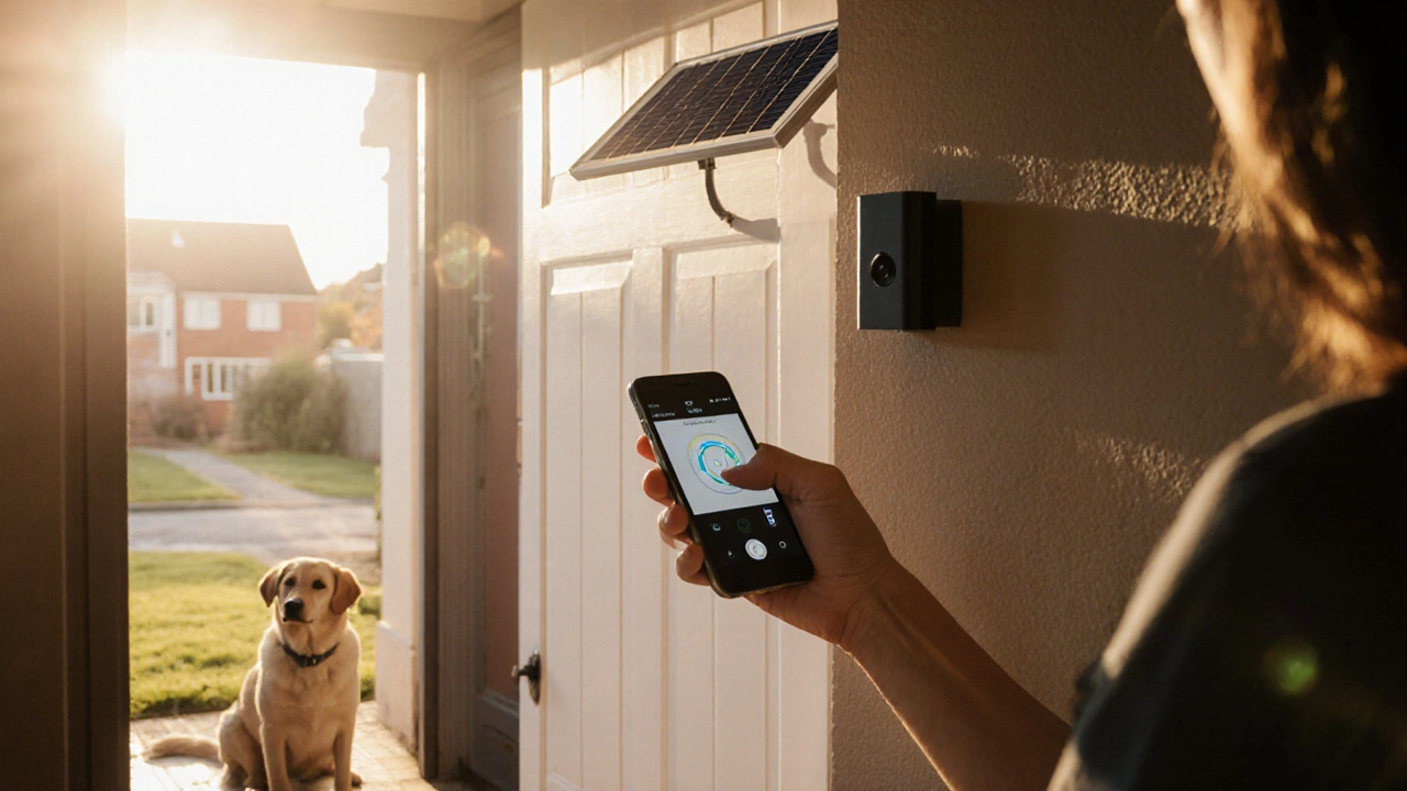 Homeowner adjusting Ring Doorbell settings on phone while solar panel charges the device in sunlight.