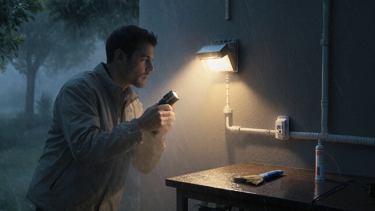Homeowner checking a mounted outdoor light, gasket, and conduit in morning light.