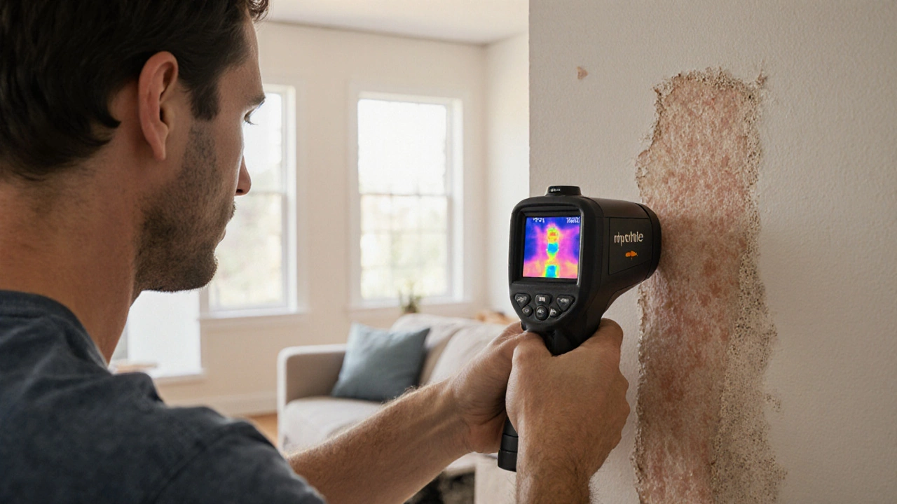 Homeowner inspecting drywall for insulation gaps using a handheld thermal camera.