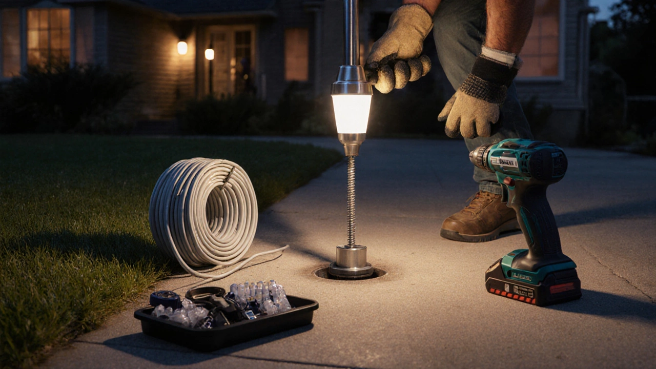 Homeowner installing pole and solar lights on a driveway at dusk.