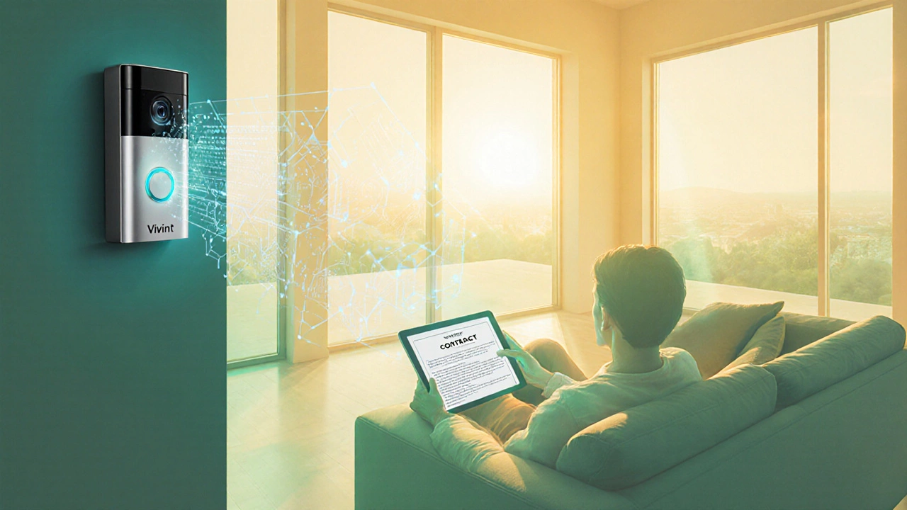 Homeowner reviewing a Vivint contract on a tablet beside an upgraded AI doorbell in a bright interior.