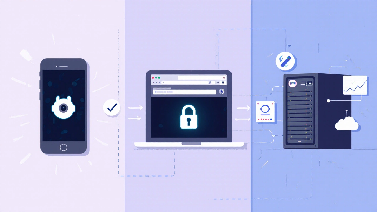 Illustration comparing app, browser, and third‑party software remote viewing methods.