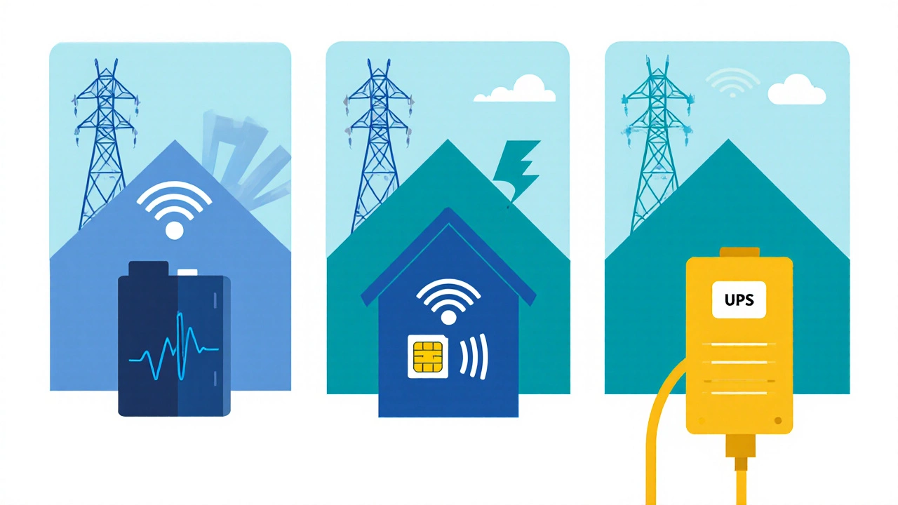 Illustration of Ring Alarm battery backup, cellular SIM module, and UPS during internet loss.