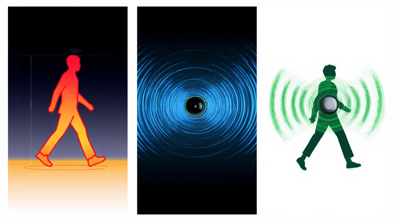 Illustration showing PIR, microwave, and ultrasonic sensors each detecting motion.