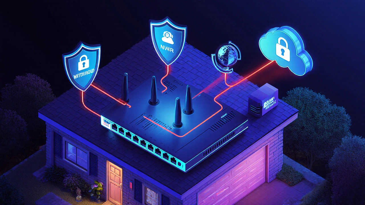 Isometric cyber‑punk view of a home network with secured cameras and router.