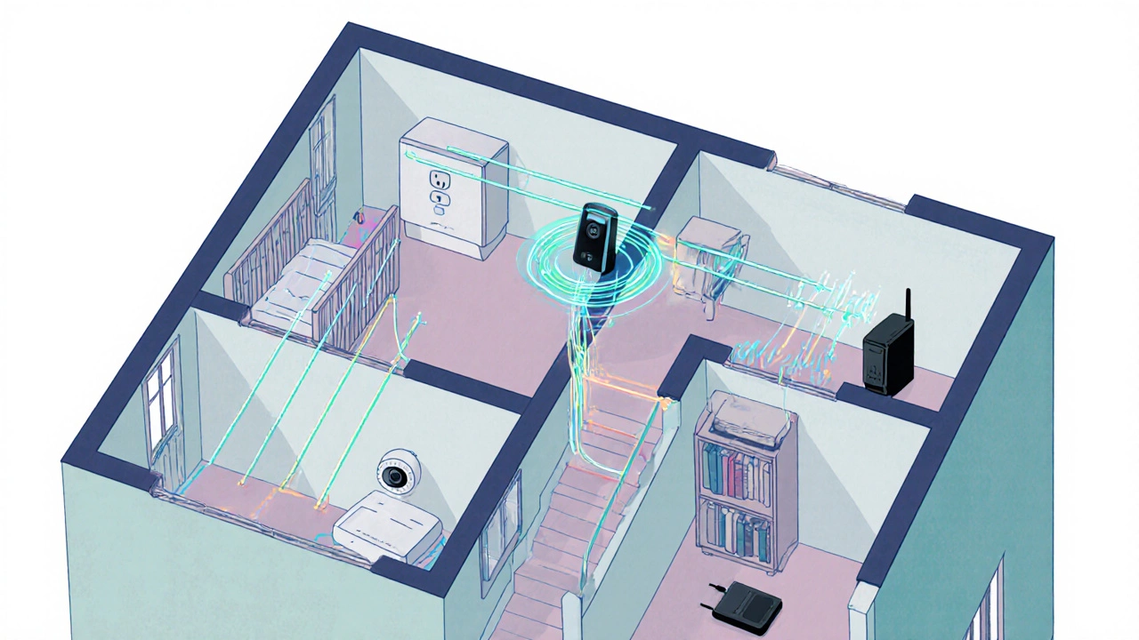 Isometric house showing router, mesh node, powerline adapter and extender extending monitor signal.