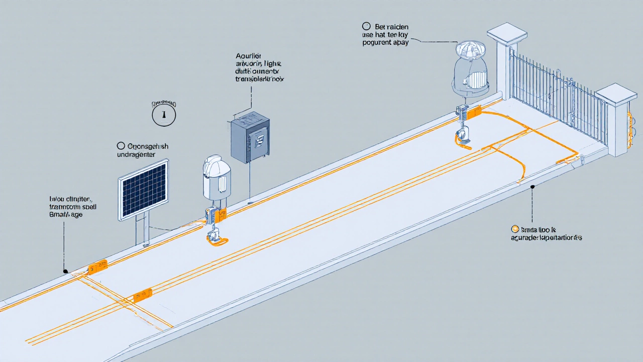 Isometric layout diagram marking LED fixtures, solar panel, transformer, and sensors.
