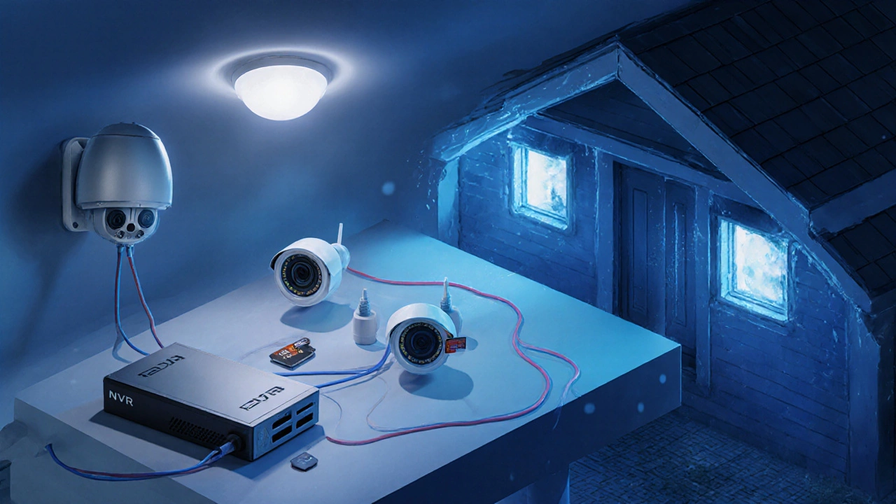 Isometric view of indoor and outdoor cameras linked to an NVR with an SD card slot.