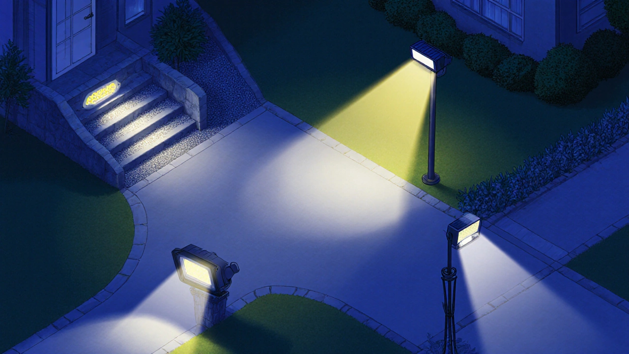 Isometric view of six driveway lighting types in separate settings.