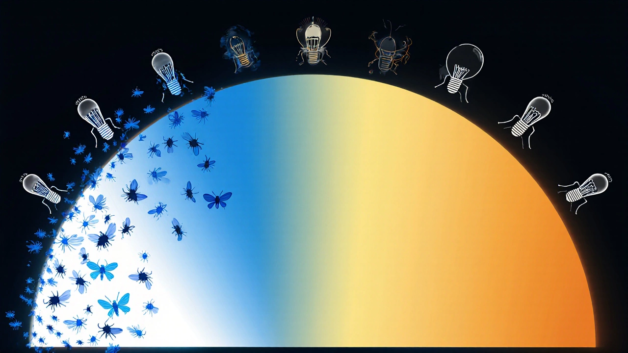 Light spectrum illustration showing insects drawn to blue/UV light and avoiding amber light.