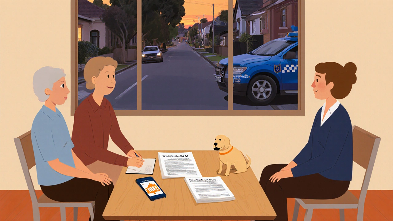 Mediation meeting with resident, neighbour, and mediator reviewing evidence.