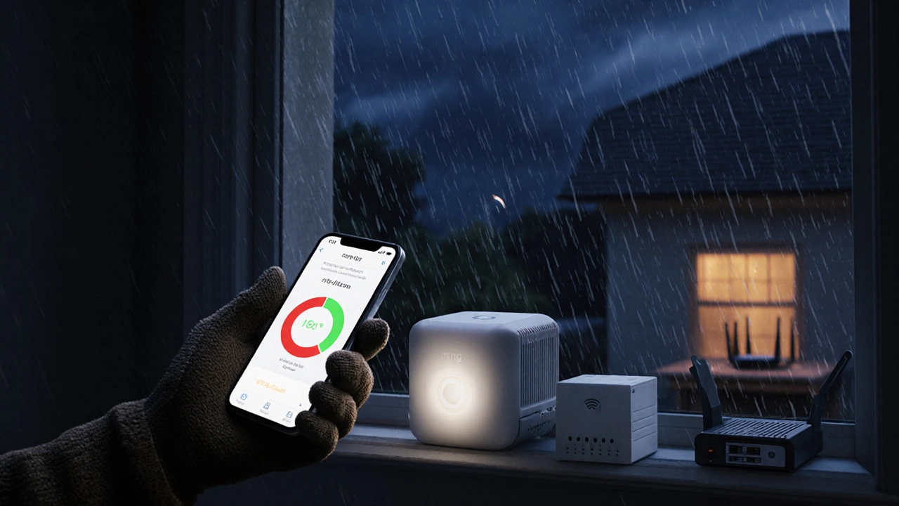 Night scene of home with UPS‑powered Ring base, cellular backup icon, and Wi‑Fi extender after a storm.