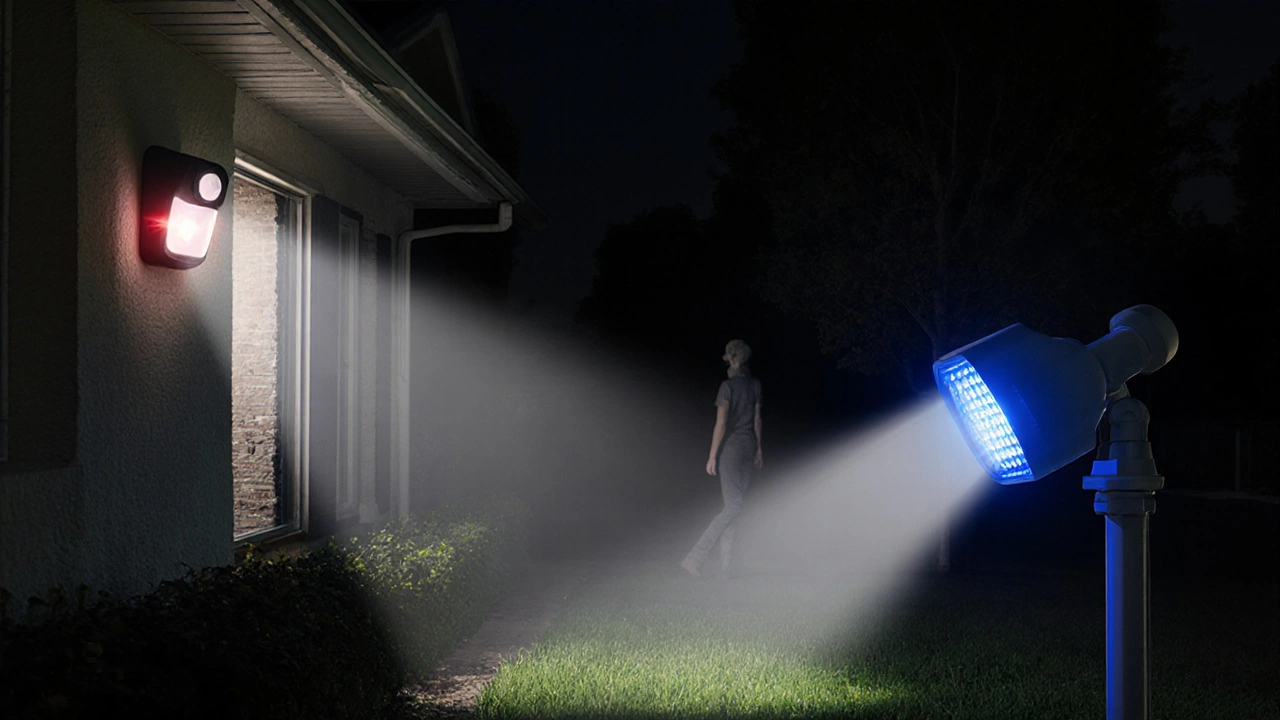 Night yard scene where a motion sensor triggers floodlights, camera, and smart hub.