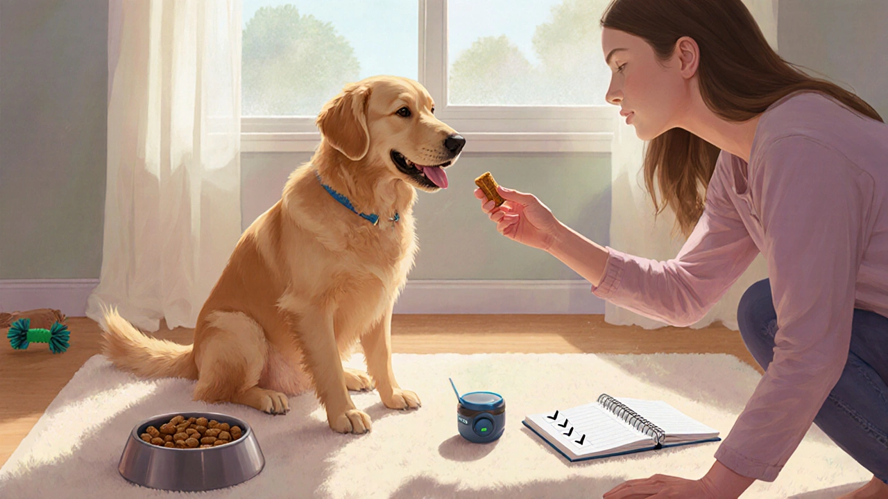 Owner rewarding a calm dog with treats and a pet‑friendly alarm during training.
