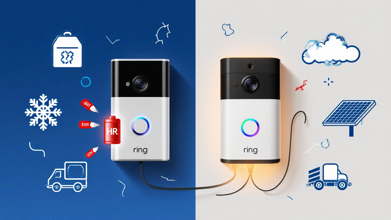 Split illustration comparing battery-powered and hardwired Ring Doorbells with power drain and solar icons.