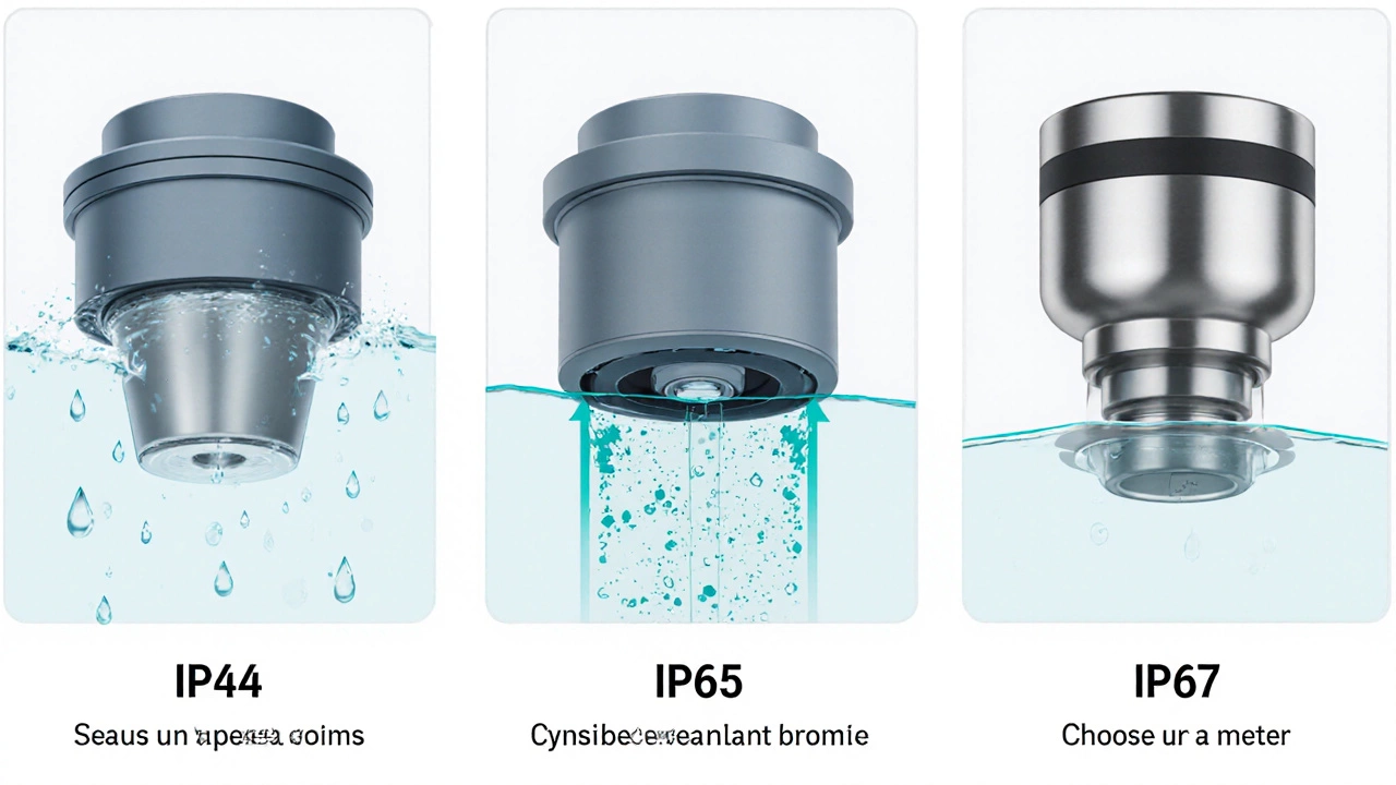 Split illustration of IP44, IP65, and IP67 fixtures showing different water exposure.