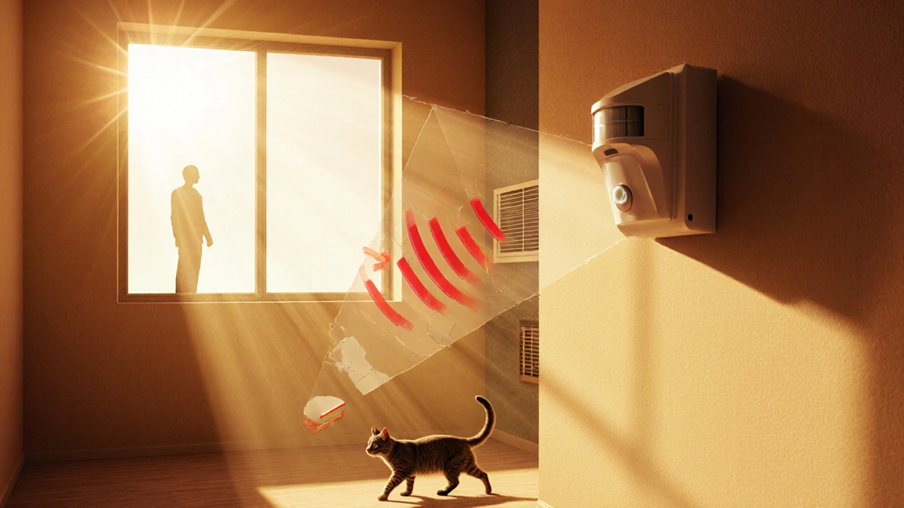 Sunlit room where a PIR sensor misses a person, draft triggers a small alarm flare, cat ignored.