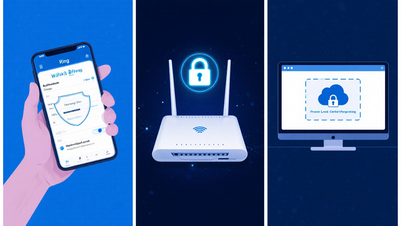 Three‑panel illustration of phone 2FA, router WPA3 lock, and Ring privacy zone setup.