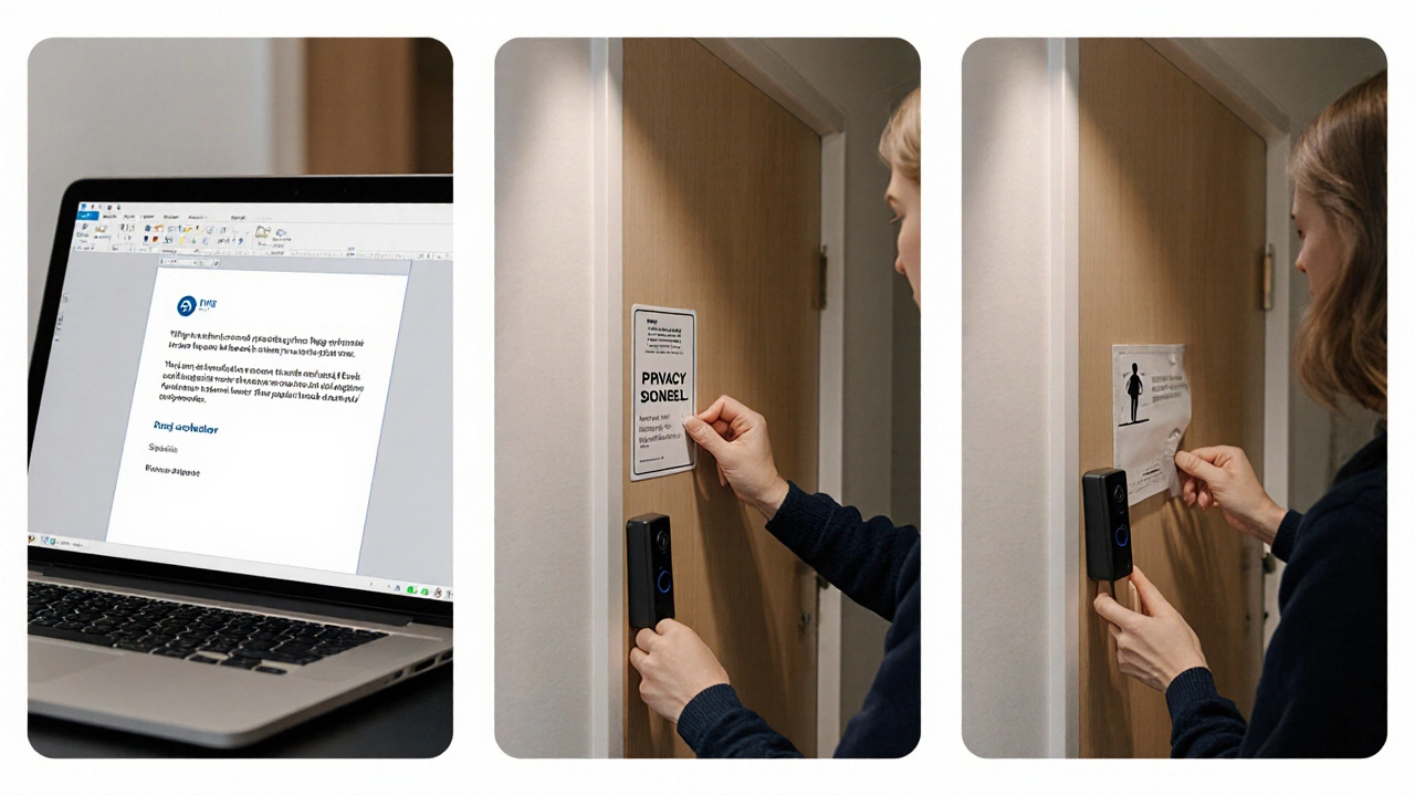 Three-step scene: email request, privacy sign placement, and Ring Doorbell being mounted.