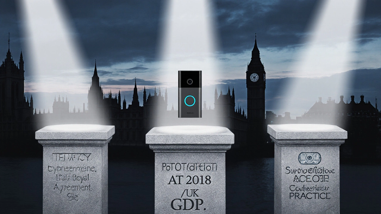 Three stone pillars labeled tenancy, data protection, and surveillance code, with a Ring Doorbell on top.