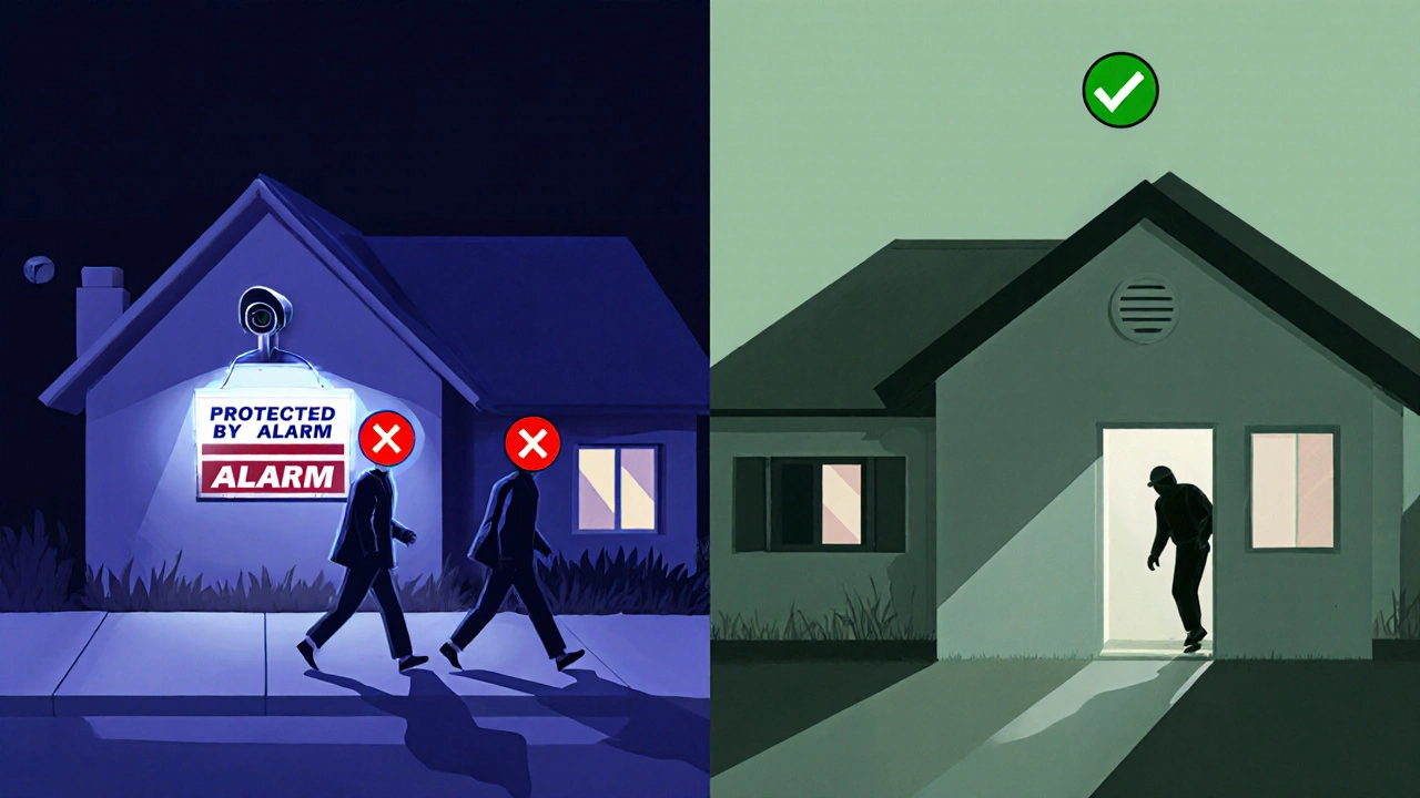 Two side-by-side homes: one with security signs and cameras that burglars avoid, another without that's being broken into.