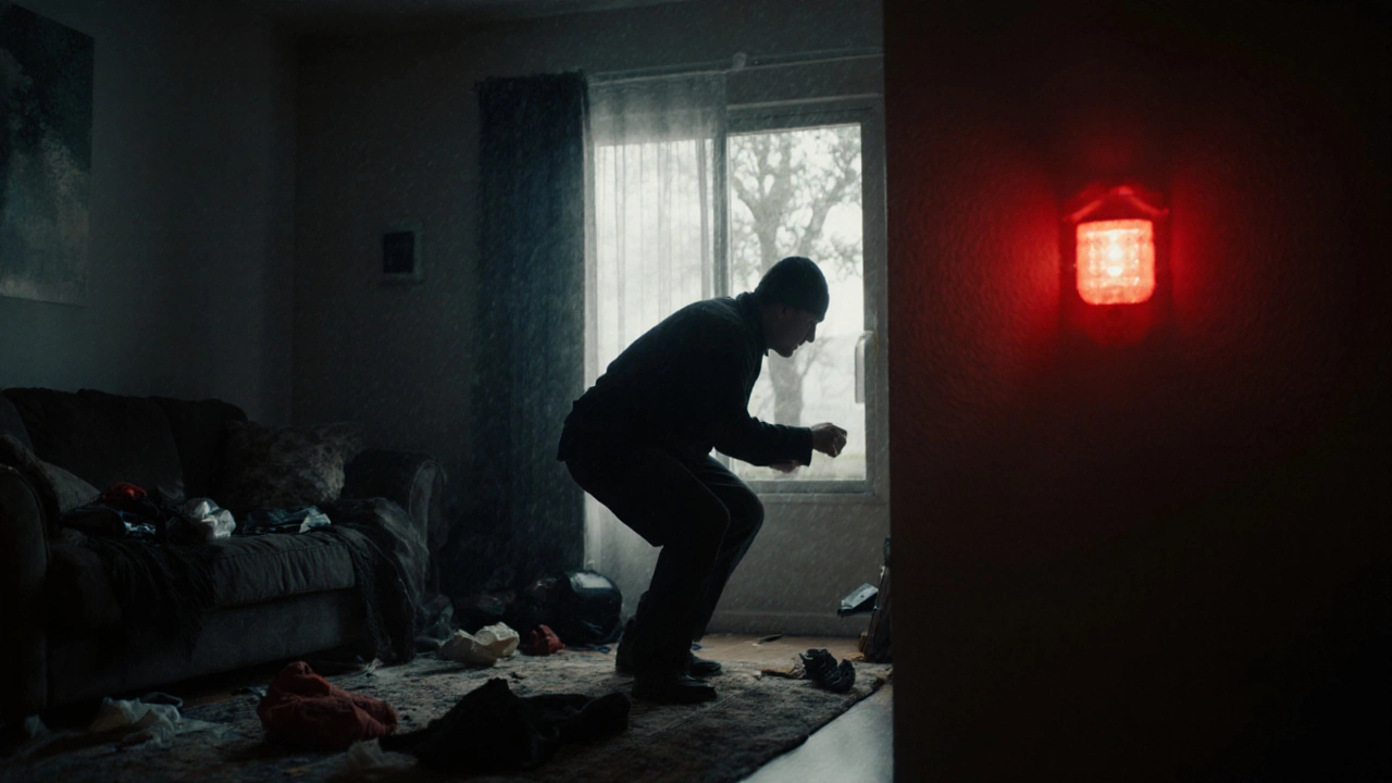 A burglar inside a home as an alarm flashes, hesitating to flee while outdoor lights illuminate the window.