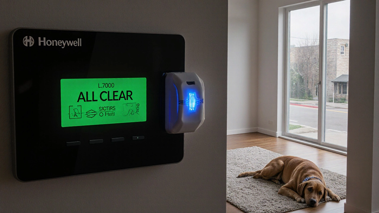 A Labrador sleeping peacefully under a high-mounted pet-friendly motion sensor in a modern living room.