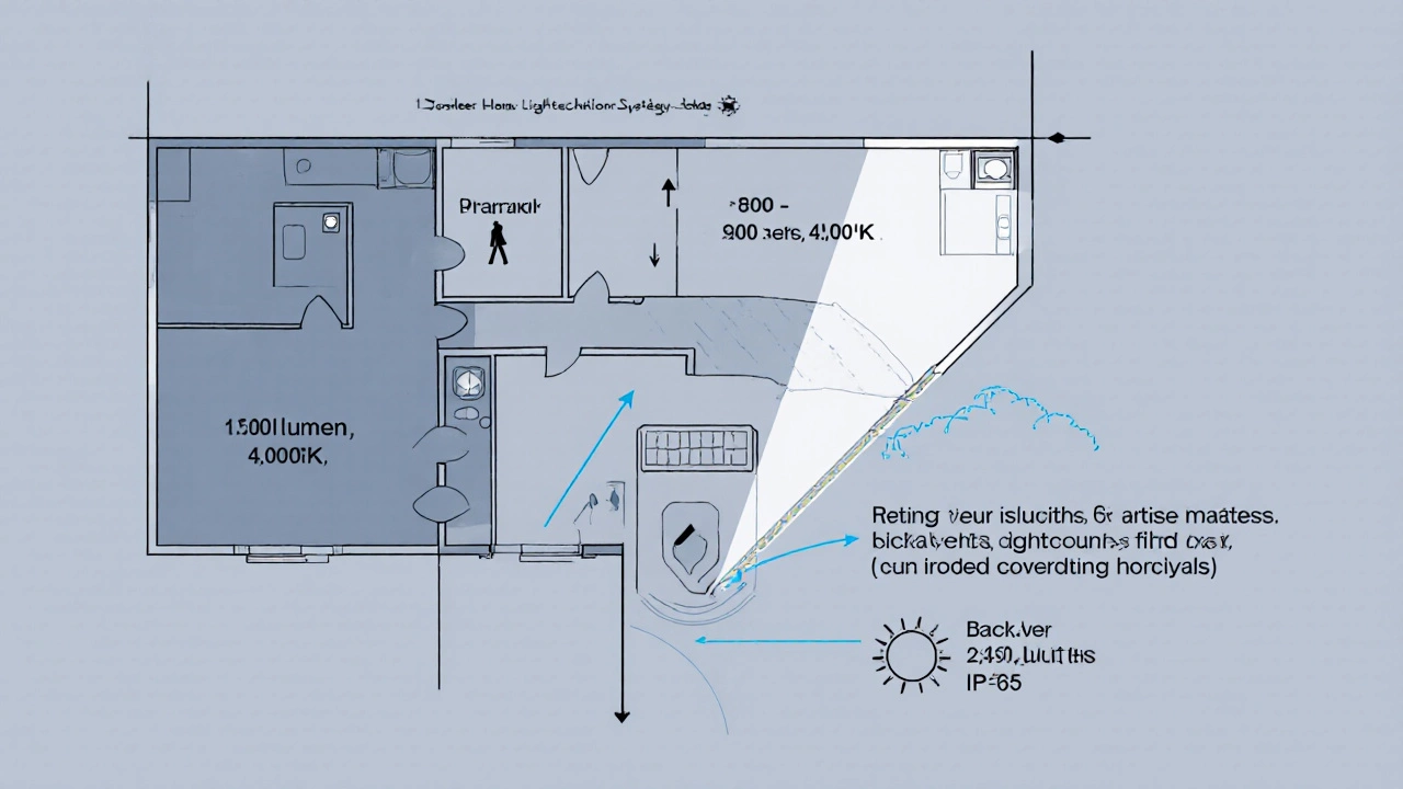 A minimalist floor plan showing optimal outdoor light placement, angles, and brightness levels for home security.