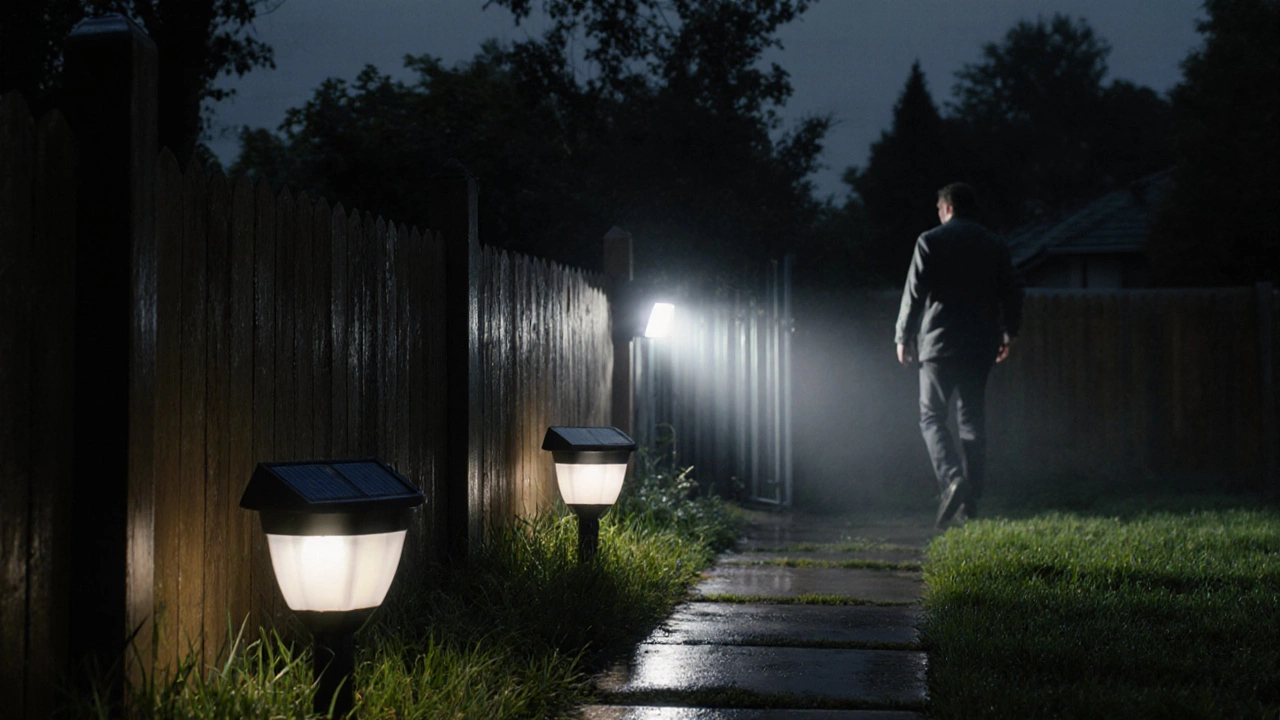 A motion-activated floodlight suddenly illuminates a person at a backyard gate, while soft solar lights line the garden path.