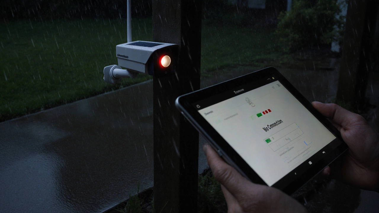 A solar-powered outdoor camera blinking in the rain with no internet signal.
