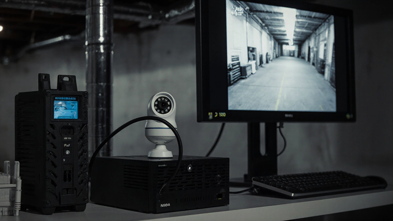 A wired security system with camera connected to a NVR and battery backup in a basement.